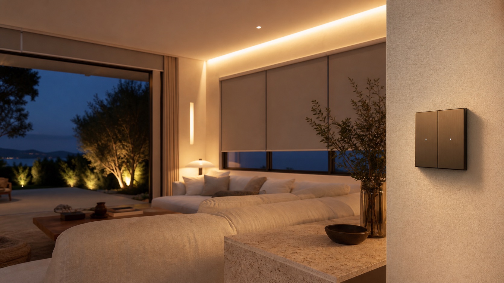 Intérieur de maison avec commandes domotiques et éclairage connecté