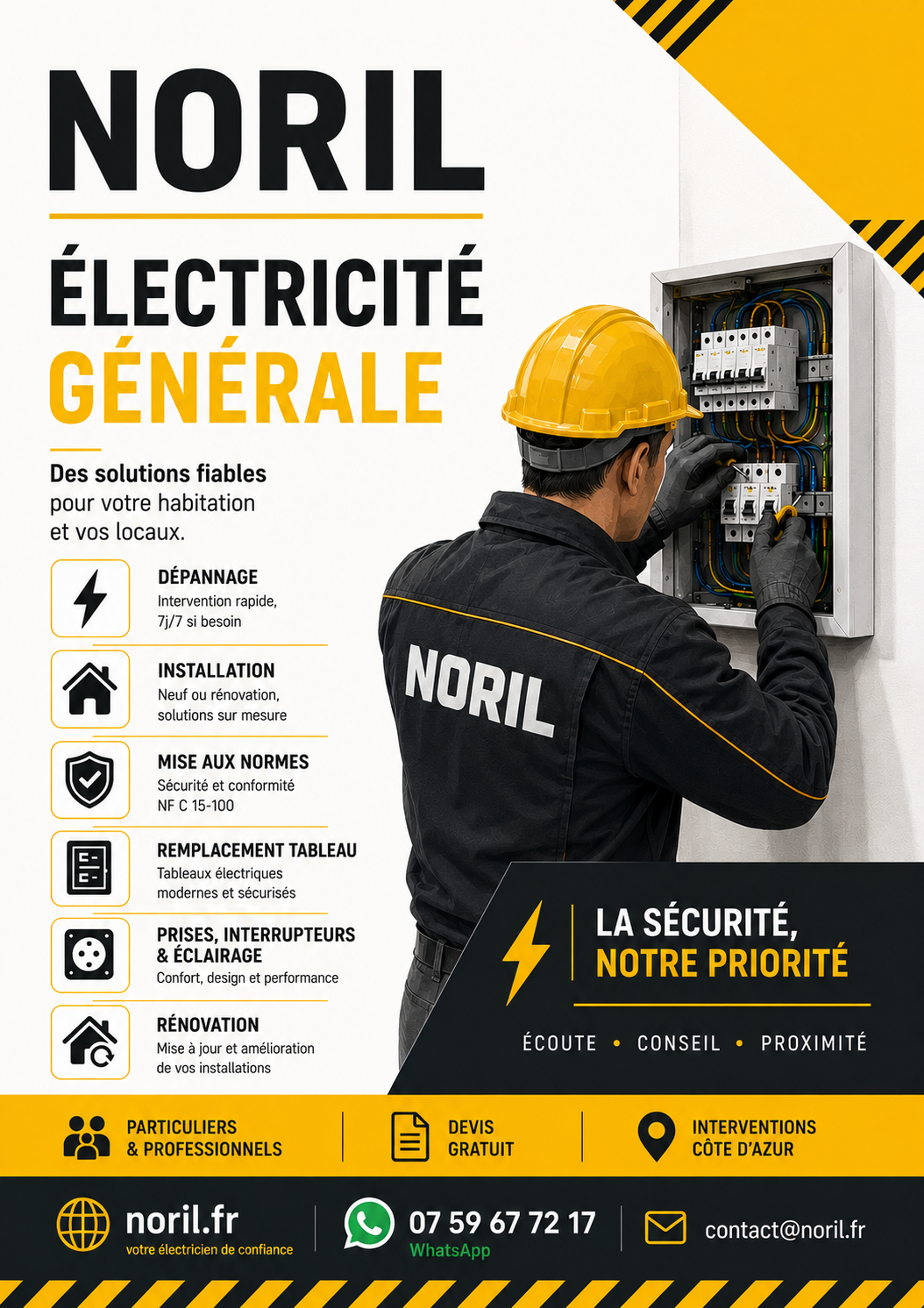 Flyer NORIL électricité générale avec électricien devant un tableau électrique