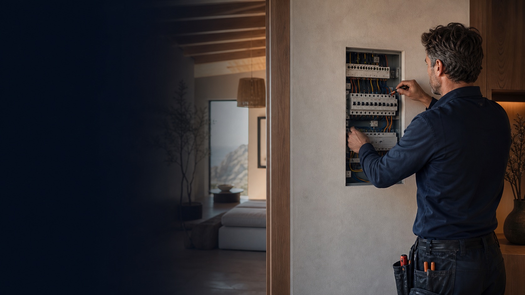 Électricien intervenant sur un tableau électrique dans une maison rénovée